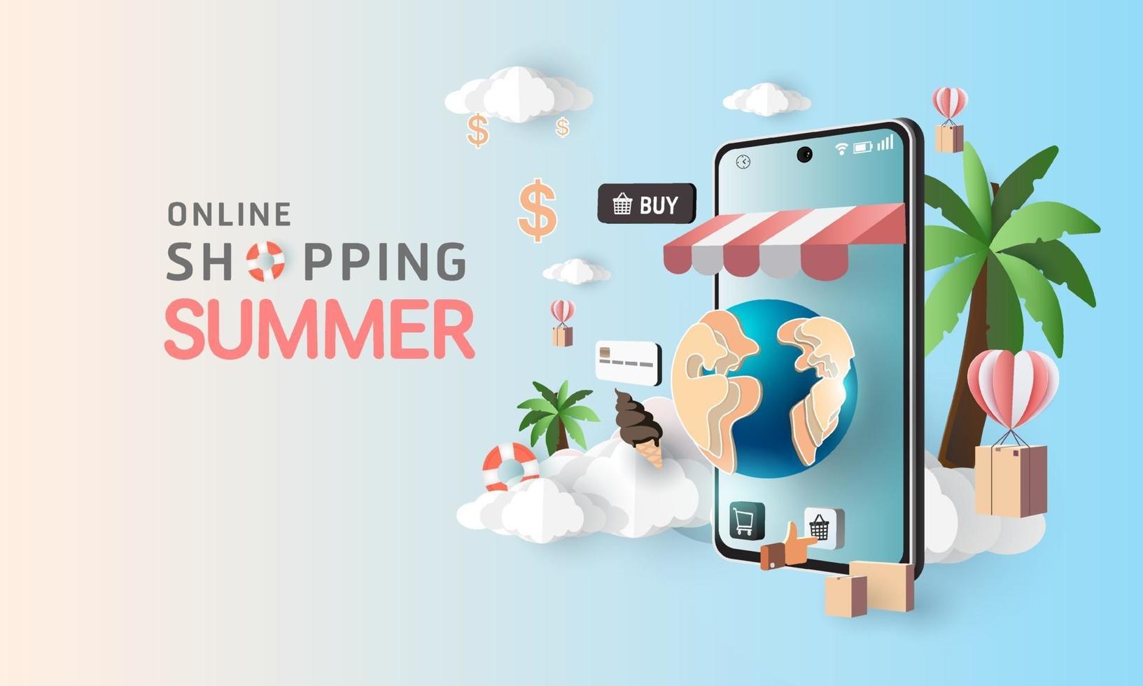 Papierkunst Online-Shopping auf dem Smartphone und neue Kaufverkaufsförderung Sommer Hintergrund für Banner Markt E-Commerce. vektor