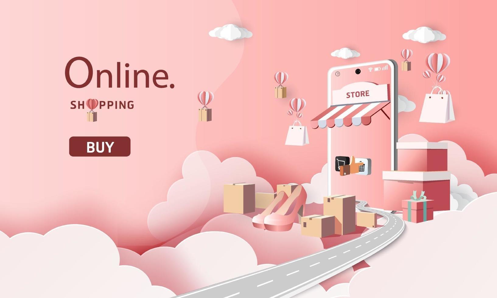 papperskonstshopping online på smarttelefon och ny försäljningsreklam rosa bakgrund för bannermarknadens e-handel. vektor