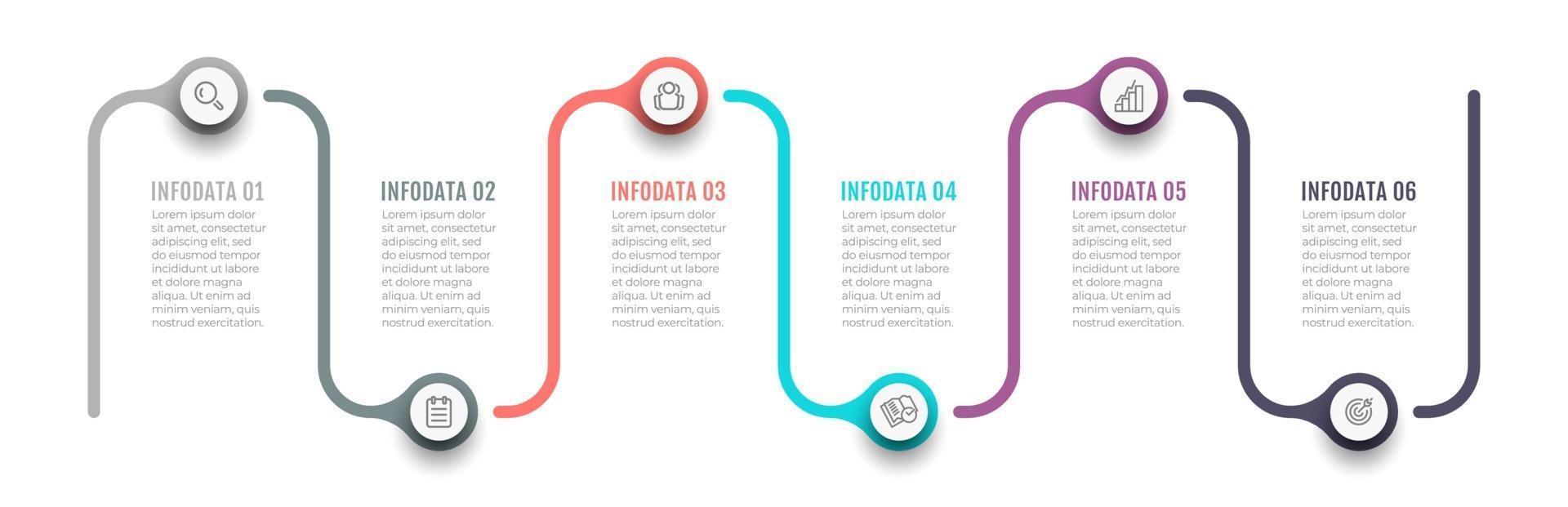 affärstid linje information grafisk mall design med ikoner och 6 alternativ eller steg. kan användas för arbetsflödesdiagram, färdplan, årsredovisning. vektor