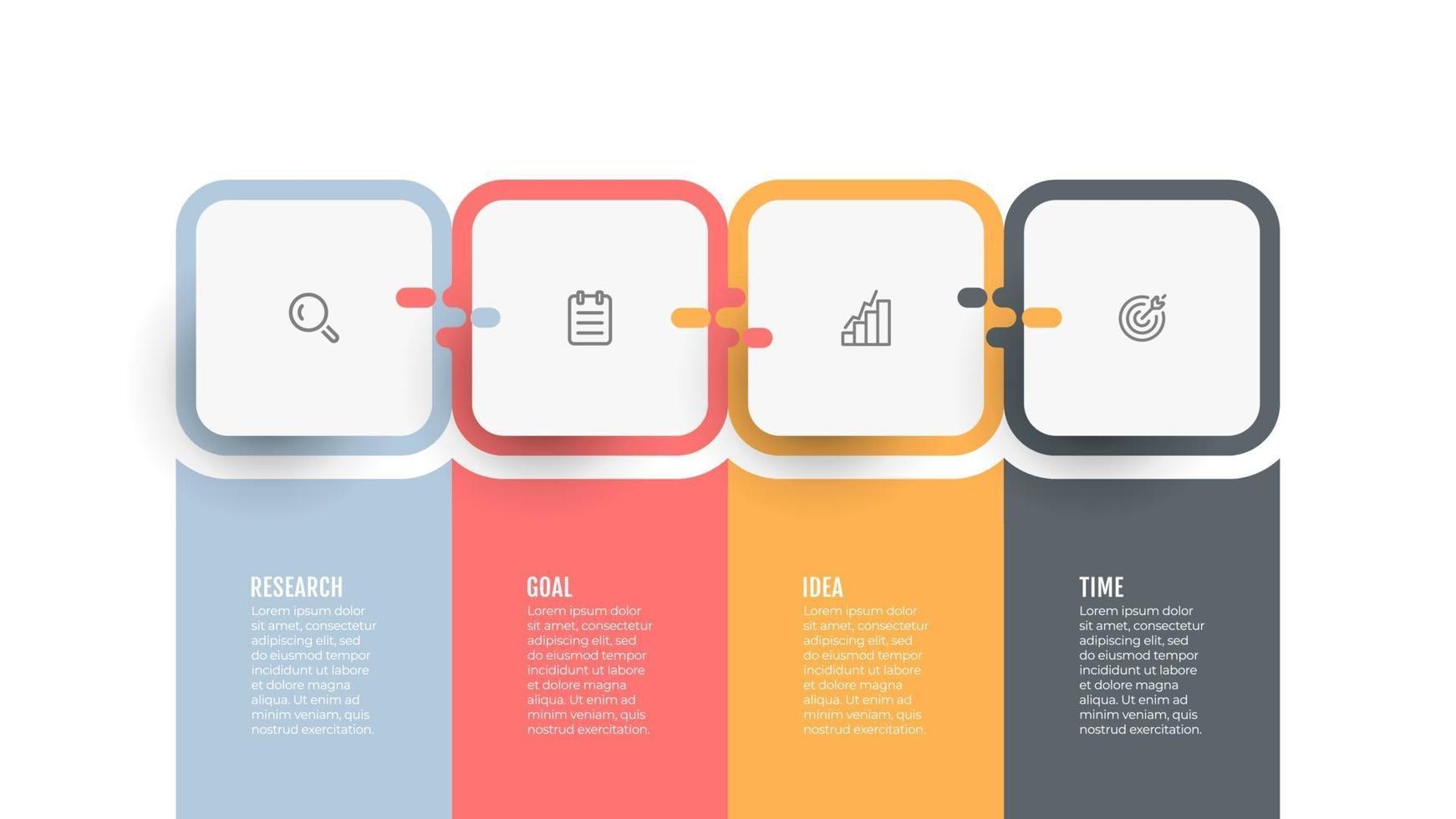 Geschäftsinfo Grafikvorlage. Prozessdiagramm. Zeitleiste mit Symbolen und 4 Optionen oder Schritten. vektor