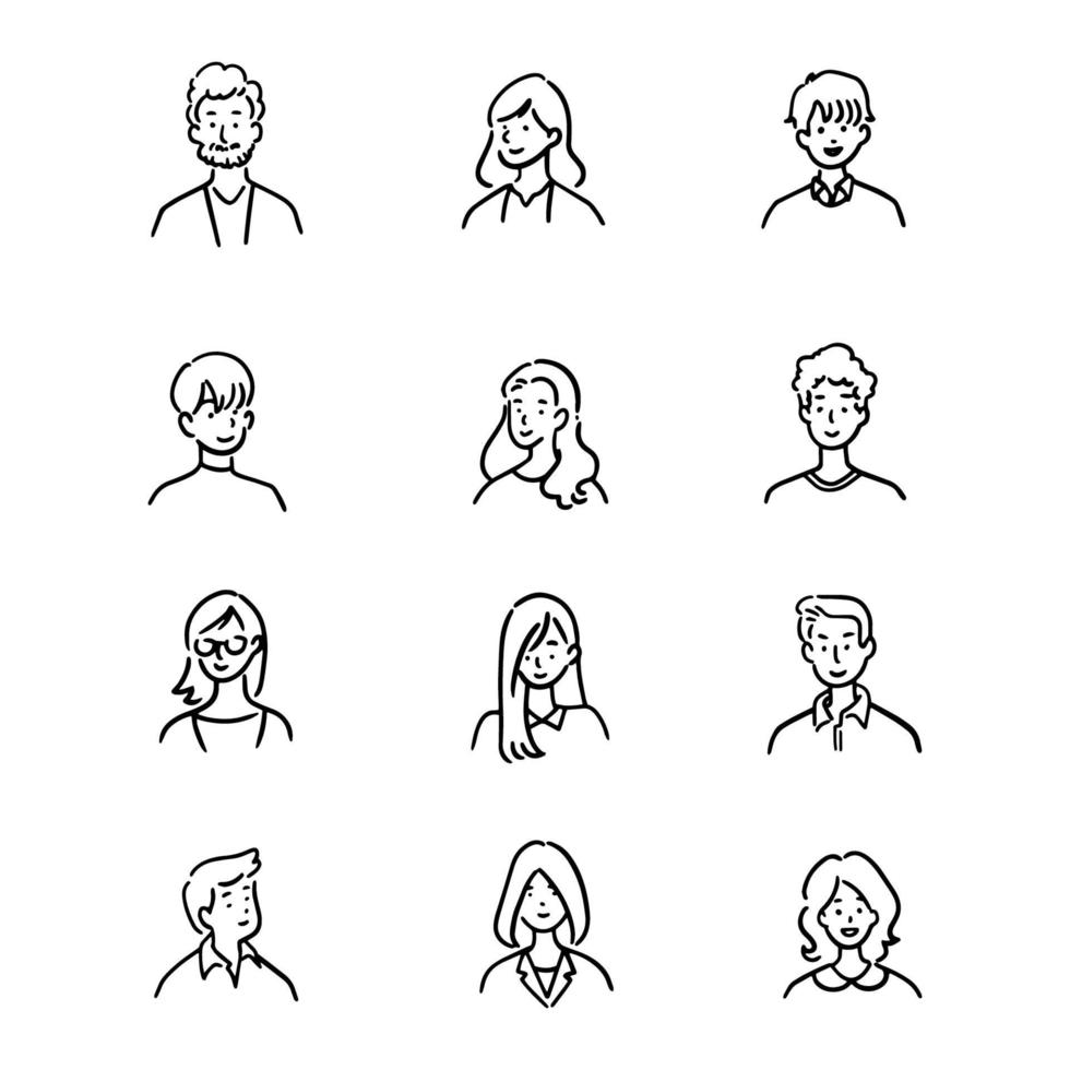 klotteruppsättning av avatarkontorsarbetare, glada människor, handritad ikonstil, karaktärsdesign, vektorillustration. vektor