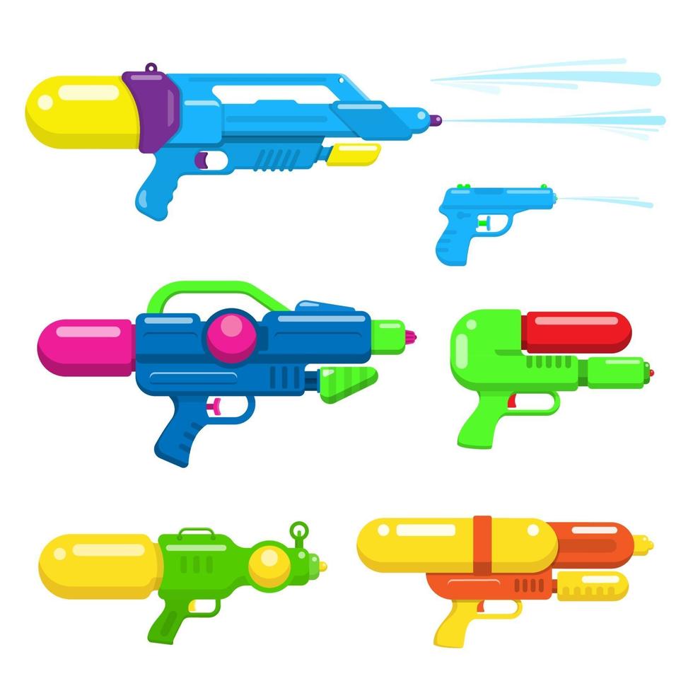 samling av vattenpistoler. färgglada vapen leksak platt design. vektor illustration