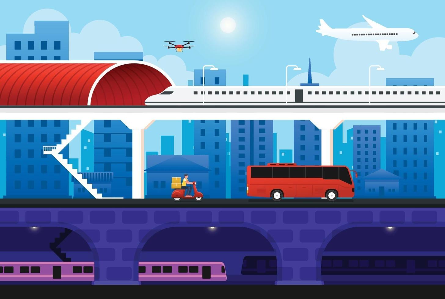 transport trafik stadslandskap med plan, buss, tunnelbana, tåg, drönare. vektor illustration