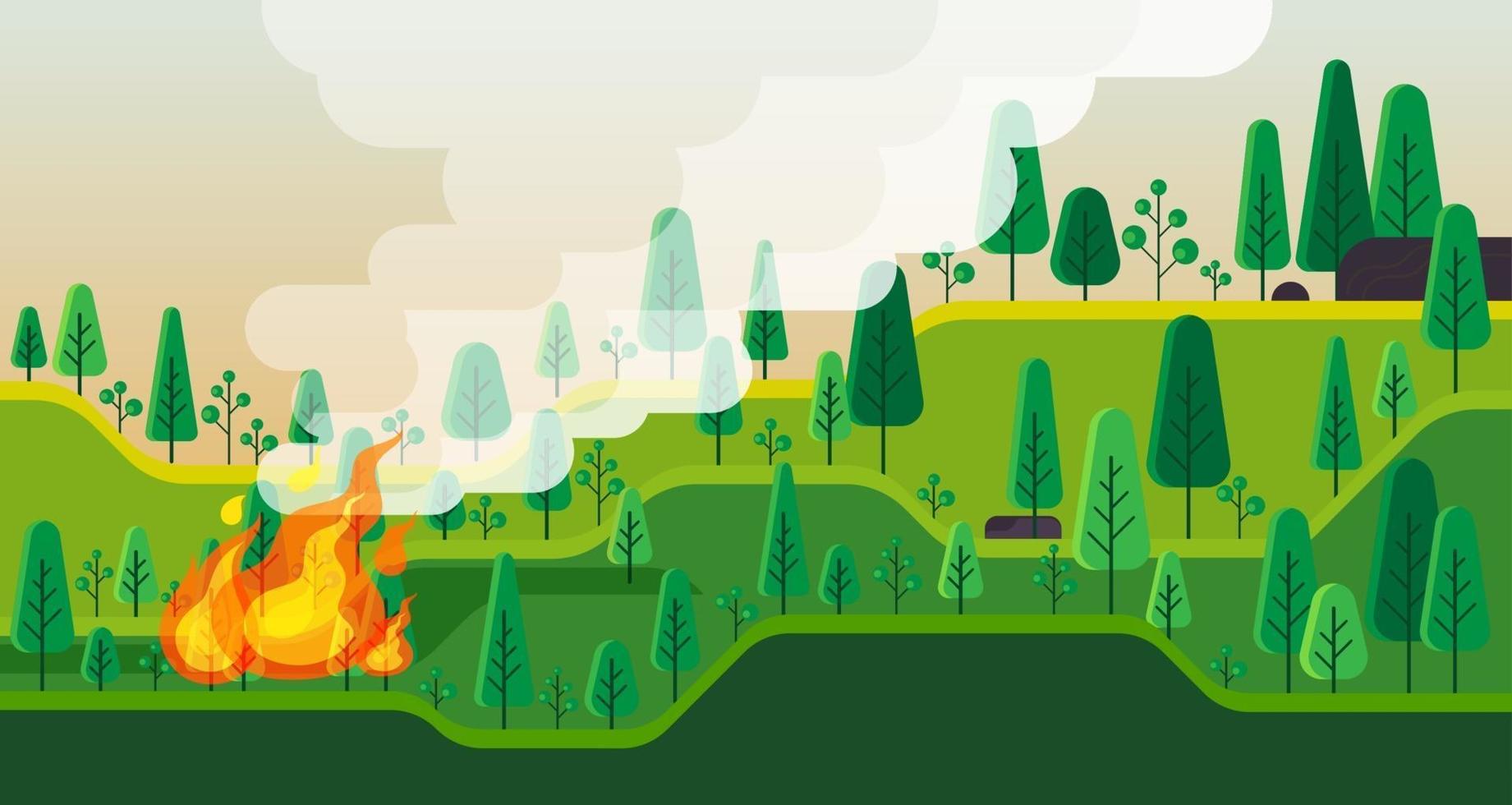 Buschfeuer brennen. Waldlandschaft. Vektorillustration vektor