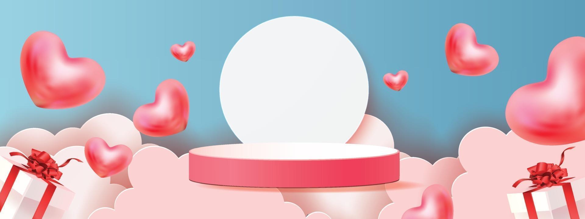 Roter Produkthintergrund des 3d Podiums für valentine.pink und Herzliebesromantik-Konzeptdesignvektorillustrationsdekorationsbanner vektor