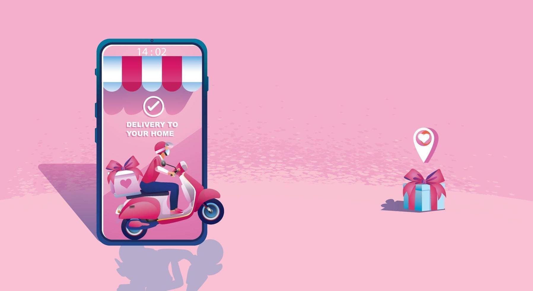 Alla hjärtans dag online shoppingkoncept, webbplats eller mobilapplikation, marknadsföring och digital marknadsföring. marknadsföringssmartphone, snabb leverans. vektor platt design illustration 24-timmars shopping