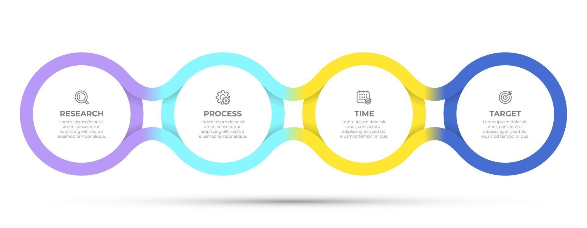 Vektor-Zeitlinienvorlage für Infografik. Geschäftskonzept mit 4 Optionen, Schritten, Symbolen. kreative Kreisgestaltungselemente. vektor
