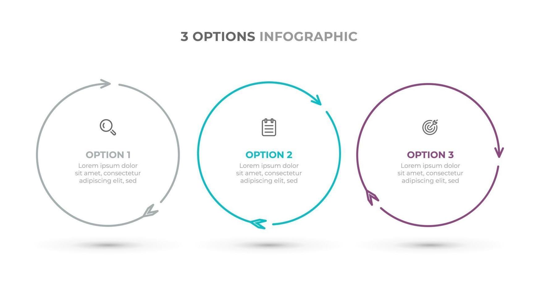cirkeldesign med pilar tunn linje processer med ikoner och 3 alternativ eller steg. vektor affärsmall.