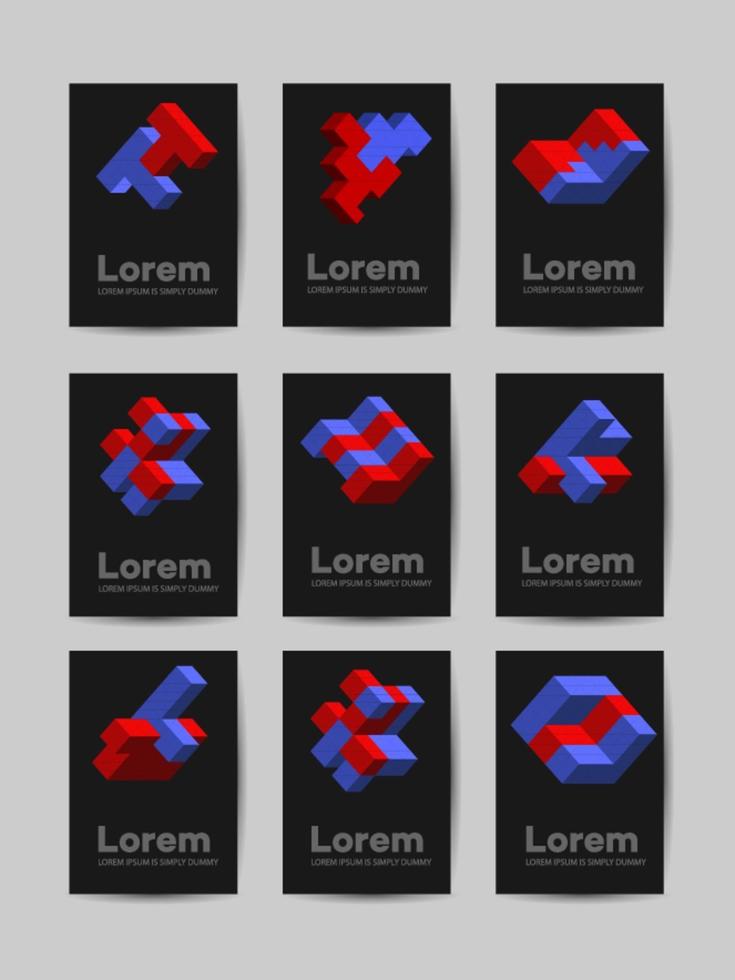 isometrische abstrakte geometrische Gestaltungselemente mit farbigen Teilen auf einem dunklen Hintergrund vektor