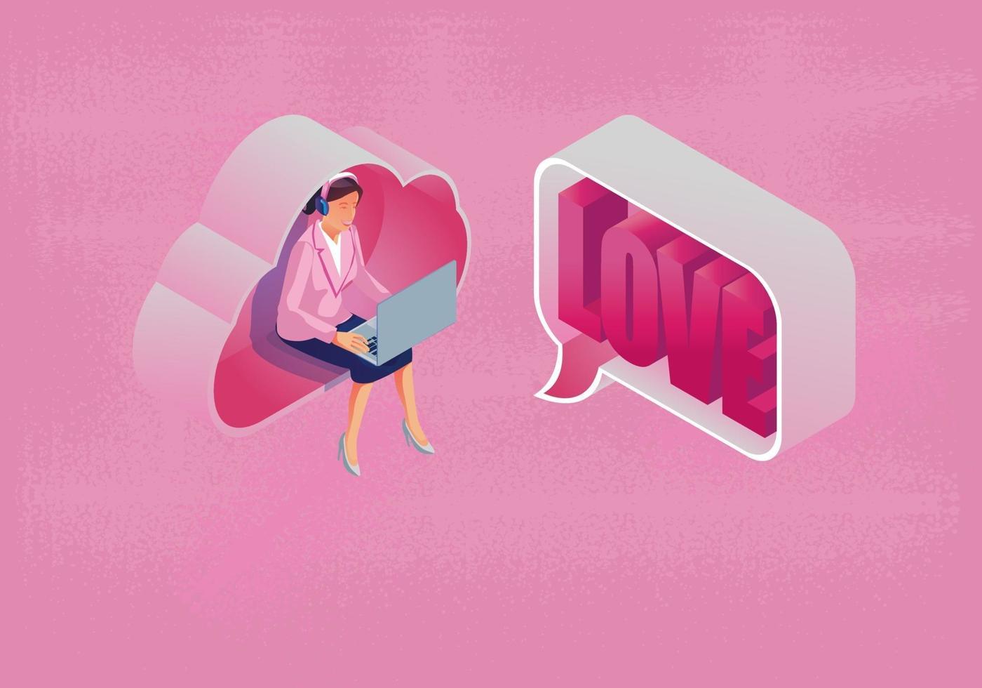 Eine Frau verwendet ein Laptop-Direktnachrichten-Valentinstagskonzept mit Cloud-Computing, Website oder Mobiltelefonanwendung, dem Nachrichtenförderungs-Smartphone, romantisch und niedlich, rosa Ton, Vektordesign vektor