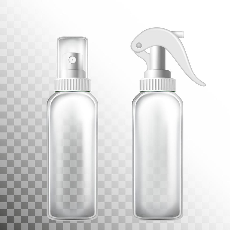 uppsättning genomskinliga realistiska sprayflaskor. Vektorillustration 3d av kosmetiska flaskor, antiseptika eller tvättmedel vektor