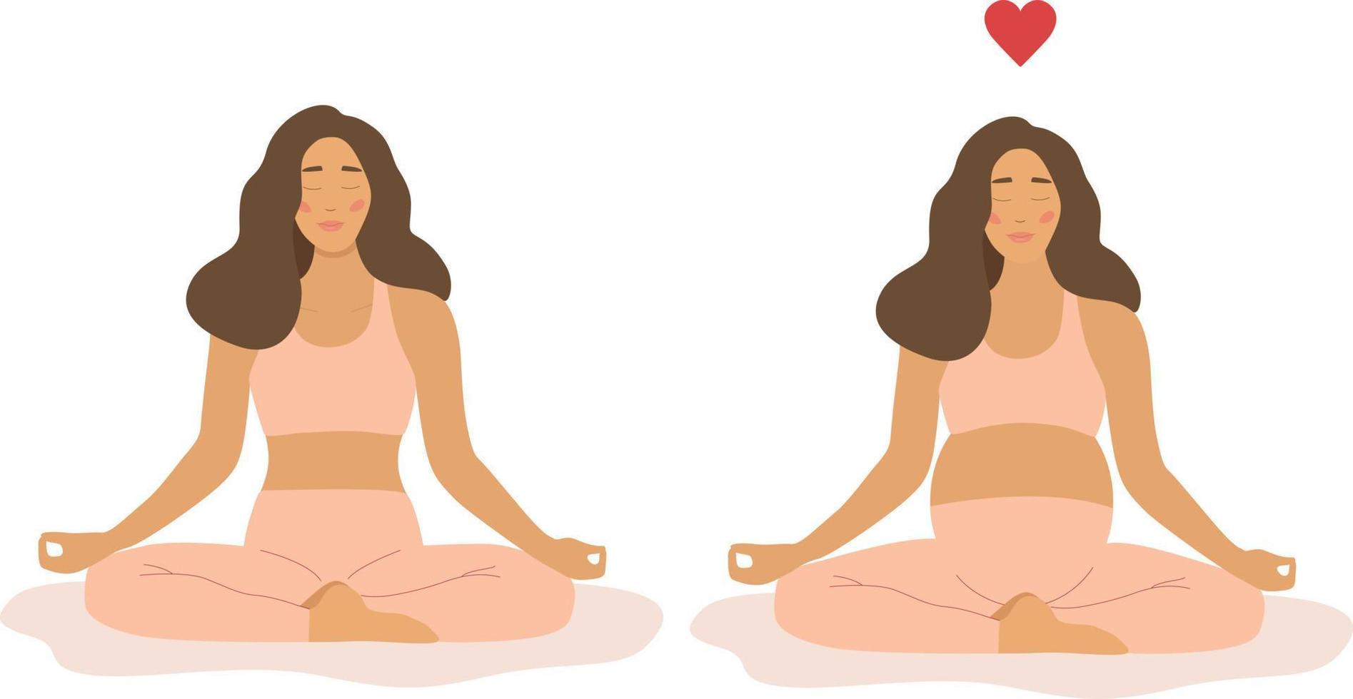 Schwangerschaft. Vor nach. ein schwanger Frau meditiert im das Lotus Position und Praktiken Methoden Ausübungen Yoga. das Konzept von Yoga, Meditation, Entspannung, Gesundheit, Schwangerschaft, Mutterschaft. Atmung Übungen und Gesundheit vektor