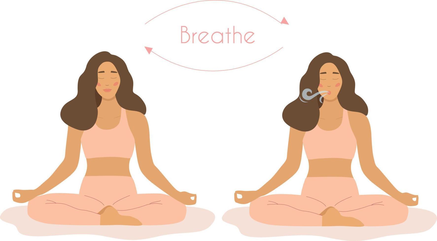 ein Frau sitzt im das Lotus Position tut Atmung Übungen zum gut Entspannung. atmen im und gehen aus zu ausruhen. tief Atmung Methode und Meditation. das Konzept von Gesundheit und wohl.gesund Yoga vektor