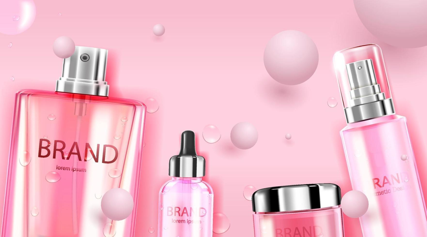Luxus Kosmetikflasche Paket Hautpflegecreme, Schönheit Kosmetikprodukt Poster, mit rosa Kugeln auf rosa Farbe Hintergrund vektor