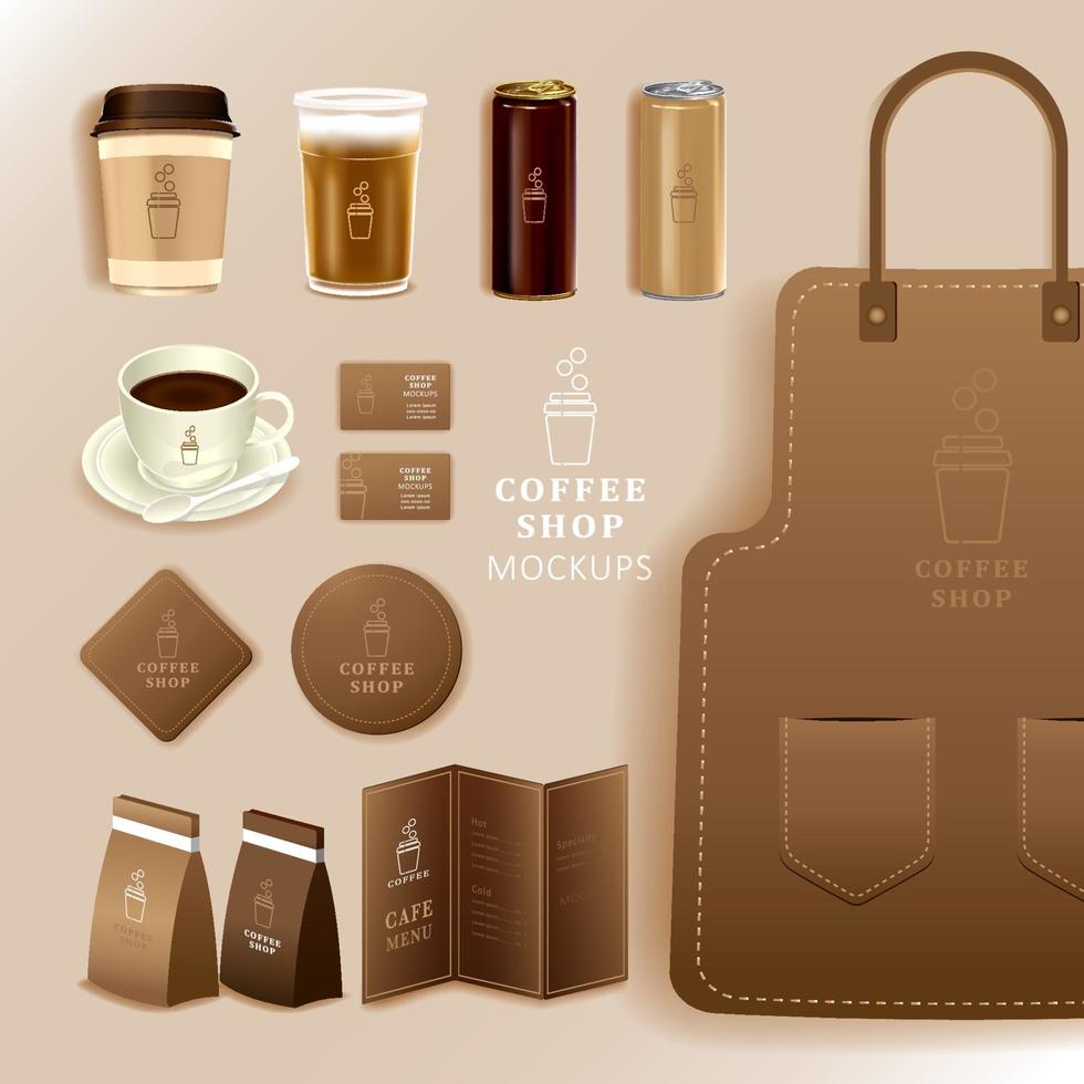 företagsidentitet branding mockup, kaffe, café, matleverans, realistisk mockup, uniform, kopp, pappersförpackning, meny, vektorillustration vektor