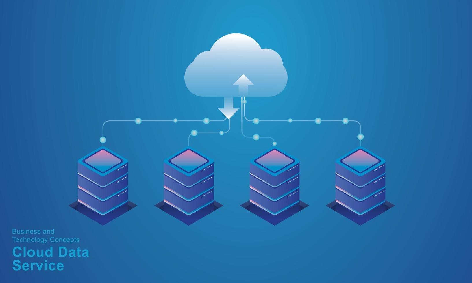 datorteknik serverrum digital enhet isometrisk koncept molnlagring kommunikation med nätverket onlineenheter uppladdningar ladda ner informationsdata i en databas på molntjänster vektor