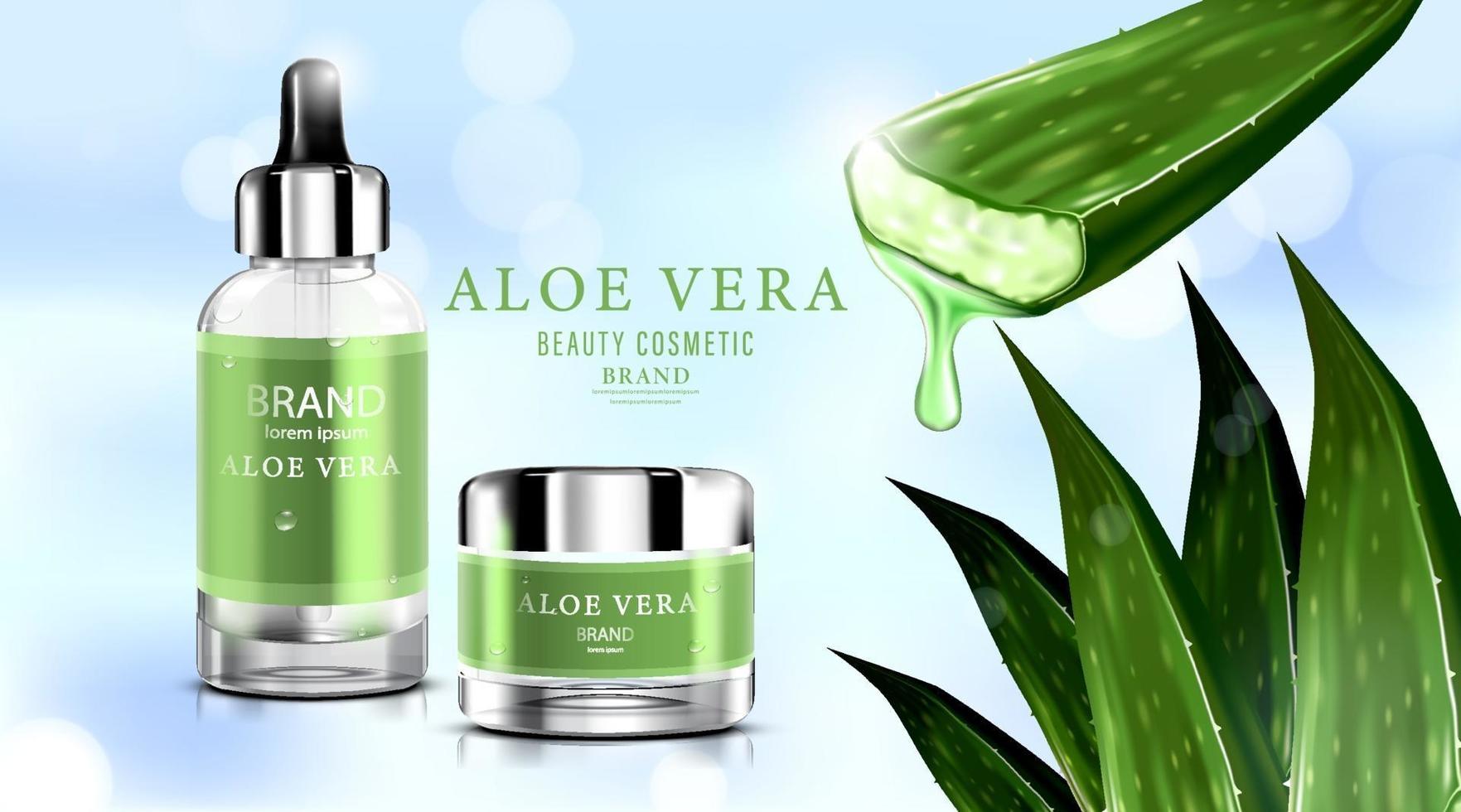 Luxus Kosmetikflasche Paket Hautpflegecreme, Aloe Vera Creme und Spray mit Spritzflüssigkeit durch Blätter auf Bokeh Glitter Hintergrund, Vektor-Illustration vektor