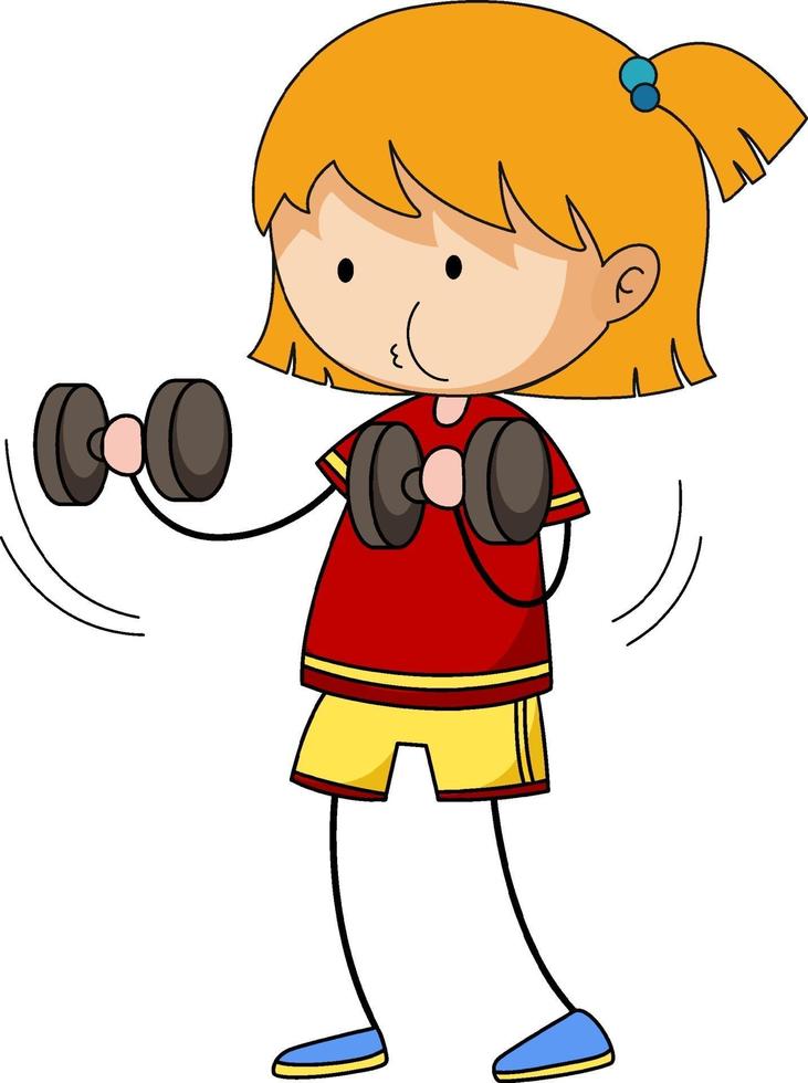 kleines Mädchen, das Gewichtsübung Gekritzel-Zeichentrickfigur tut vektor