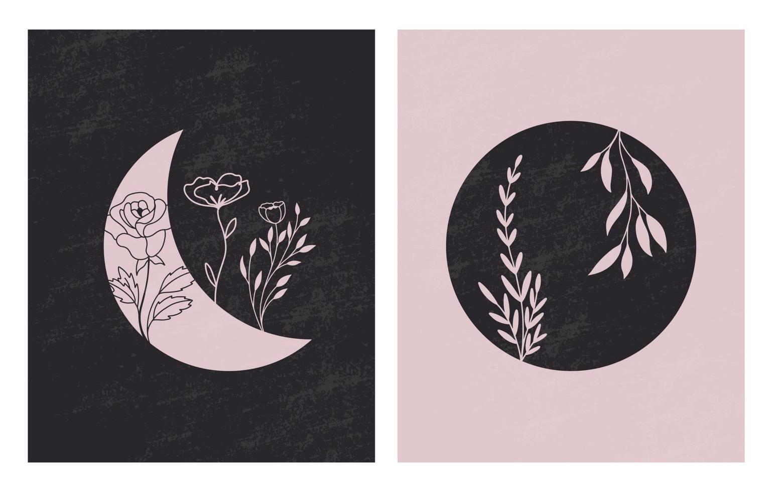 Satz von Blumen in Mond kontinuierliche Linienkunst. abstrakte zeitgenössische Collage geometrischer Formen in einem modernen trendigen Stil. Vektor für Schönheitskonzept, T-Shirt Druck, Postkarte, Poster