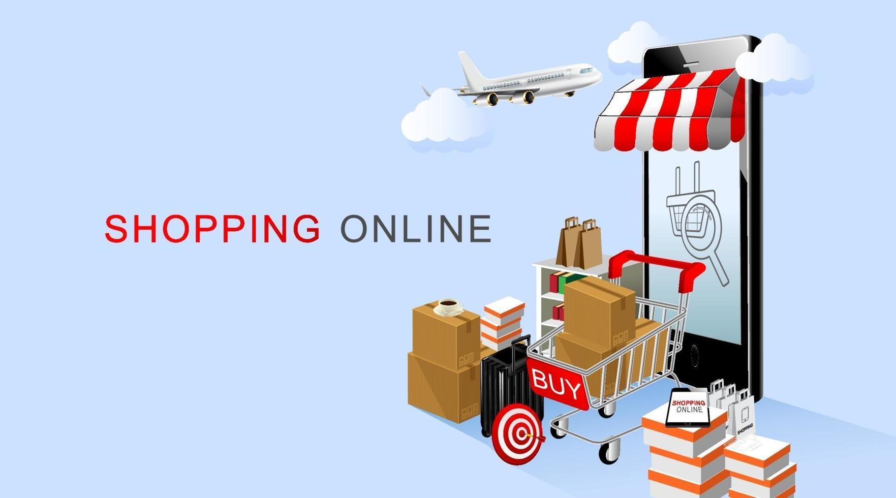 online shopping, smartphone och vagn med produkter med blå bakgrund vektor