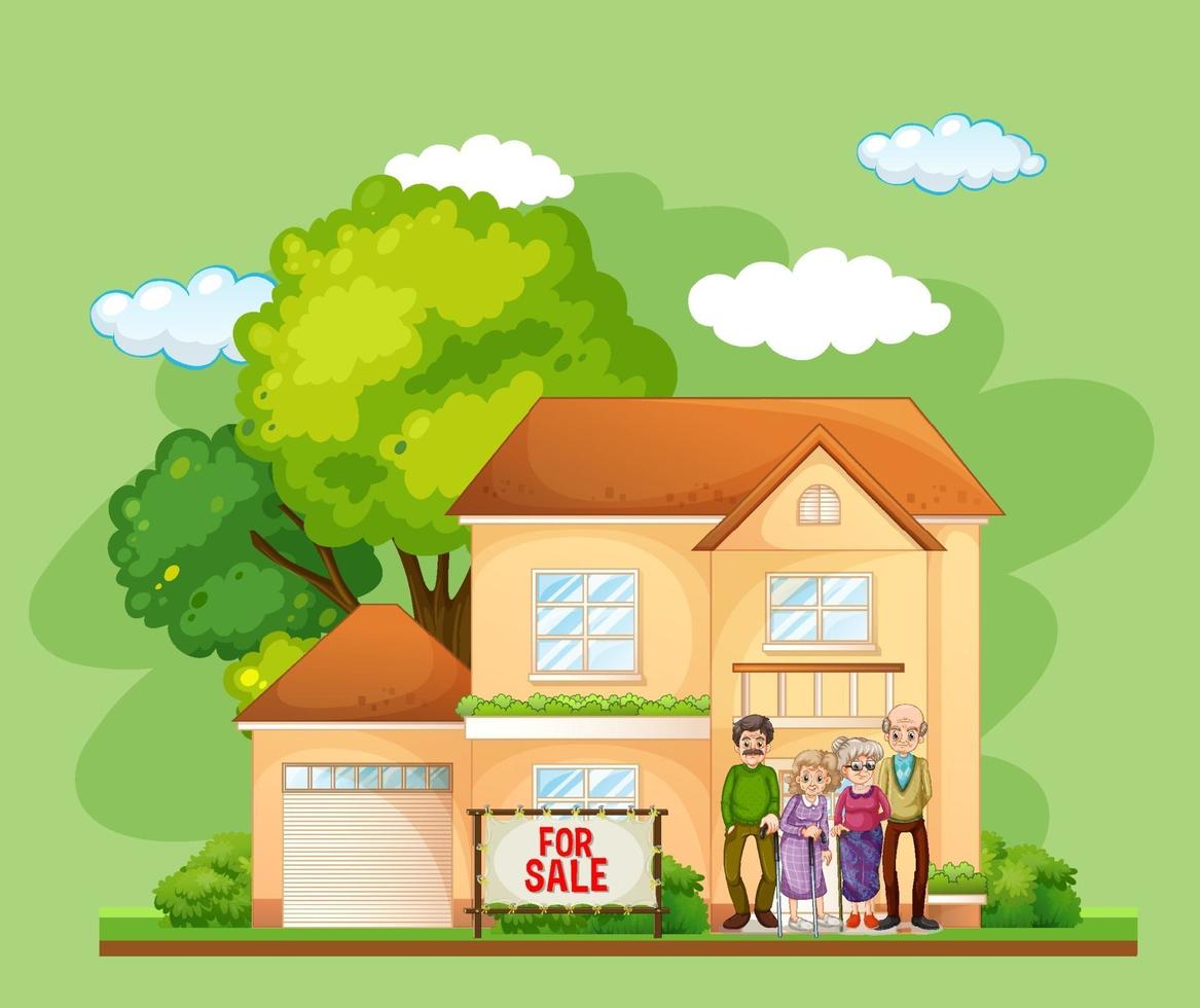Familie, die vor einem Haus zum Verkauf auf grünem Hintergrund steht vektor