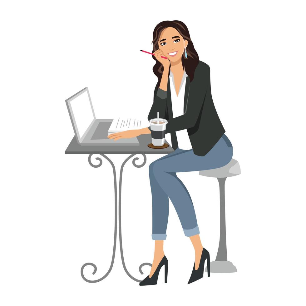 Lächeln glücklich Büro Frau hinter ein Schreibtisch mit ein Laptopflat Vektor Illustration isoliert auf Weiß Hintergrund