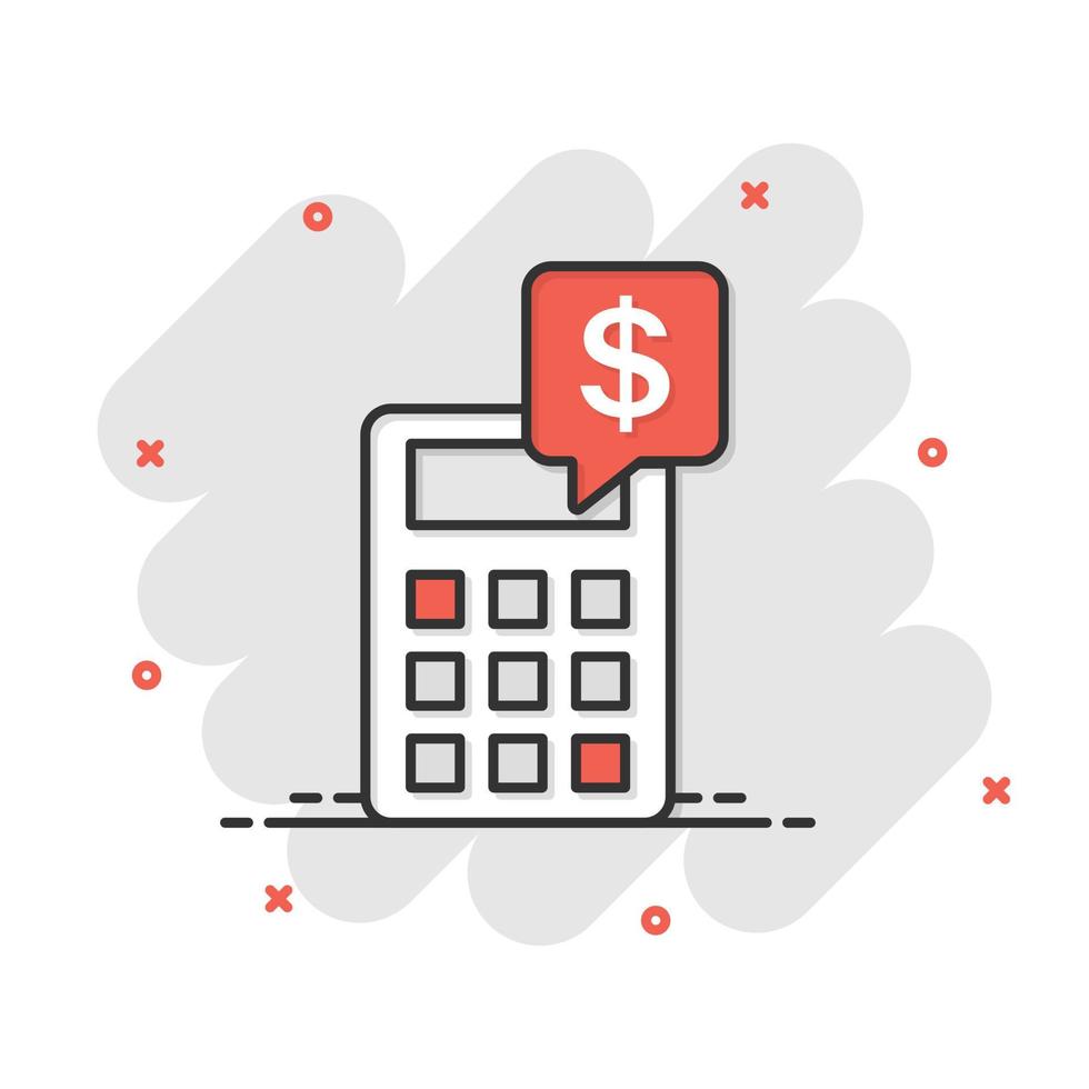 Geldberechnungssymbol im Comic-Stil. Budget-Banking-Vektor-Cartoon-Illustration auf weißem, isoliertem Hintergrund. Geschäftskonzept für Finanzzahlungen mit Splash-Effekt. vektor