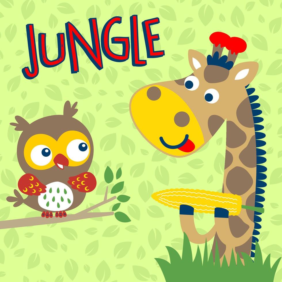 söt giraff äter majs, rolig Uggla perching på träd grenar, vektor tecknad serie illustration