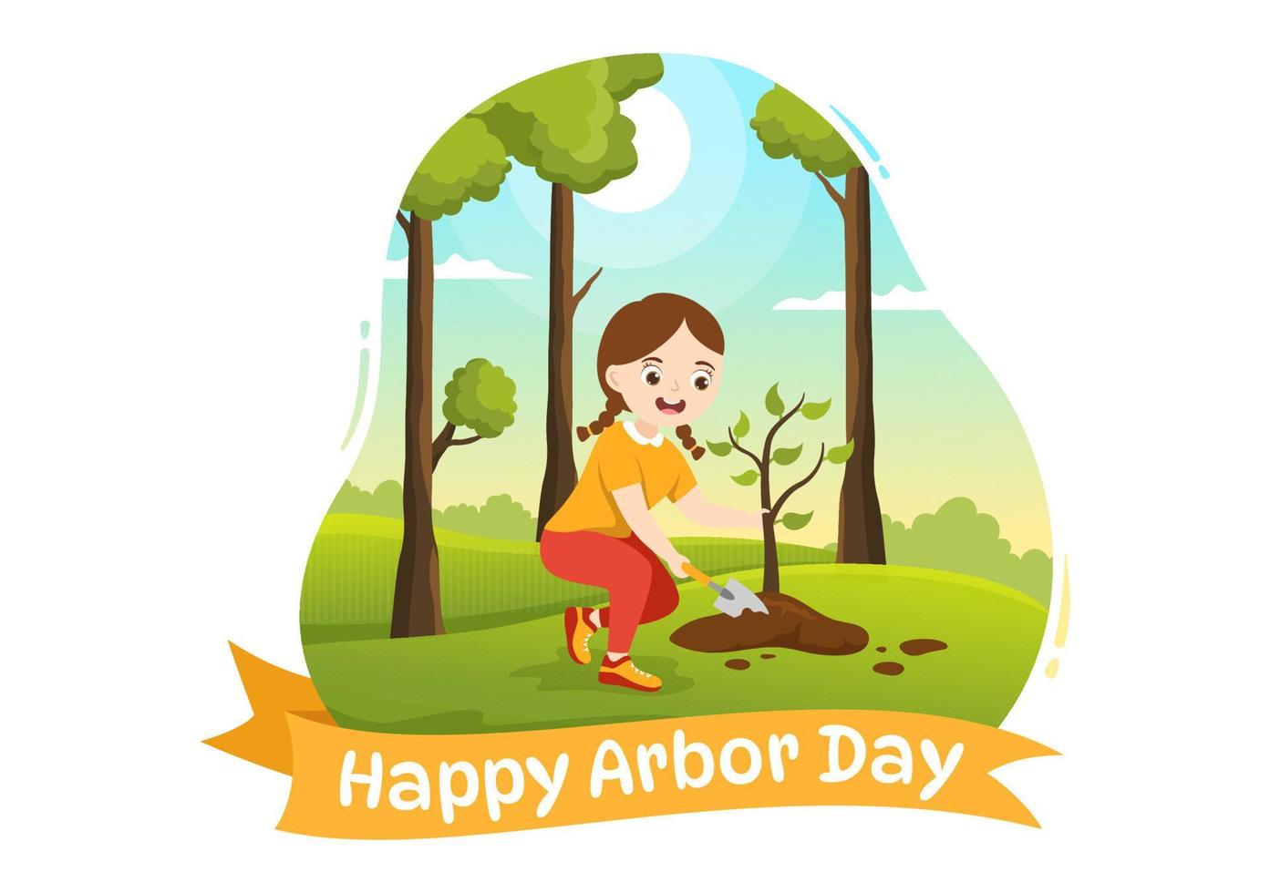 Lycklig berså dag på april 28 illustration med barn plantering en träd och natur miljö i platt tecknad serie hand dragen för landning sida mallar vektor
