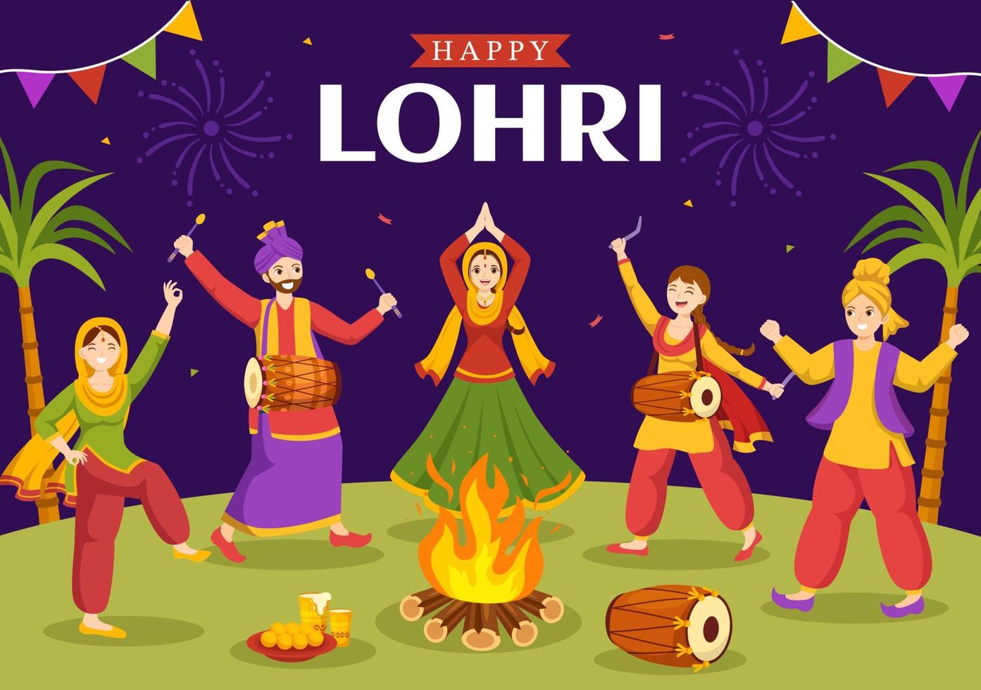 Lycklig lohri festival av punjab Indien illustration med spelar dansa och firande bål i platt tecknad serie hand dragen för landning sida mallar vektor