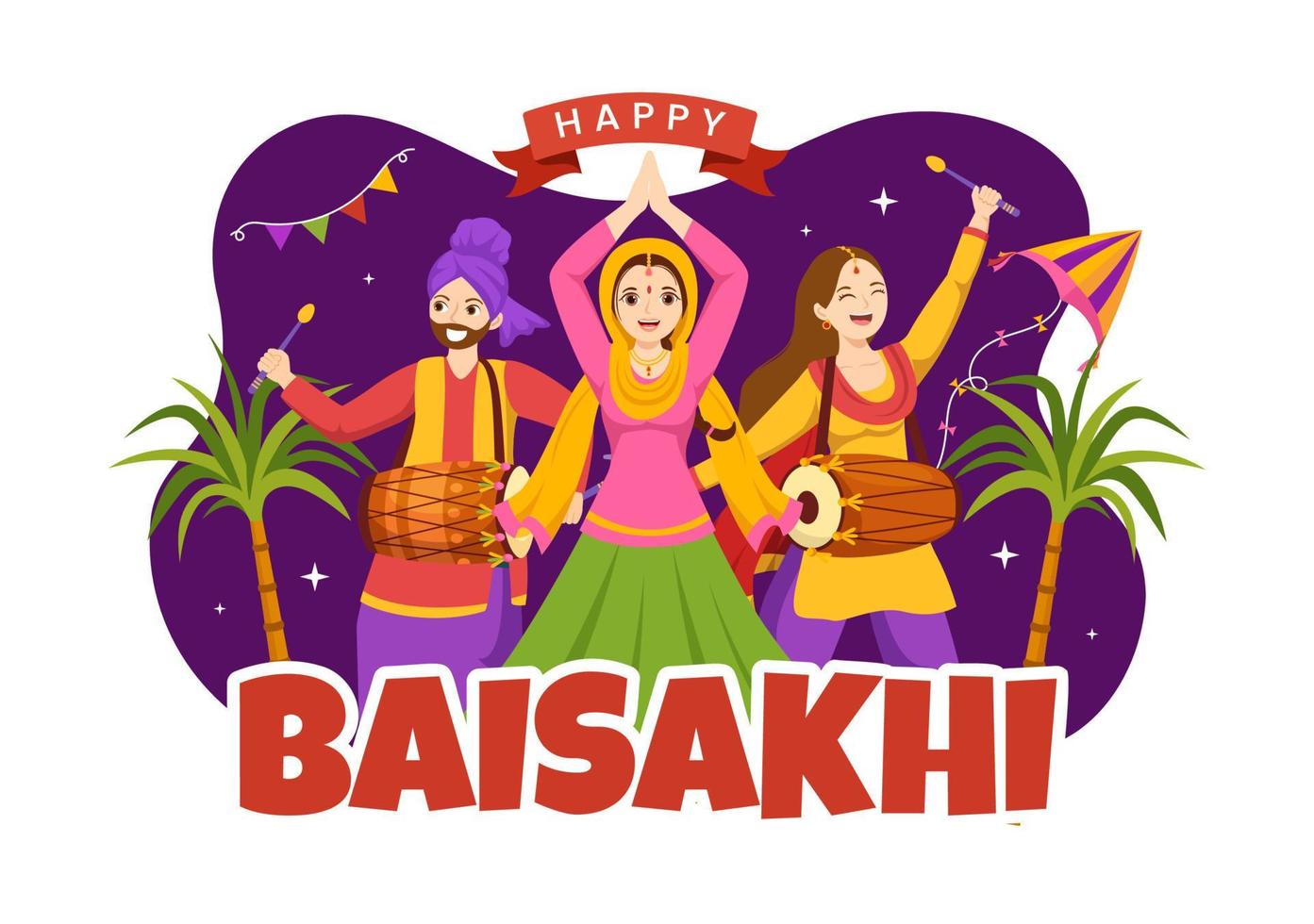 Lycklig Baisakhi illustration med vaisakhi punjabi vår skörda festival av sikh firande i platt tecknad serie hand dragen för landning sida mallar vektor