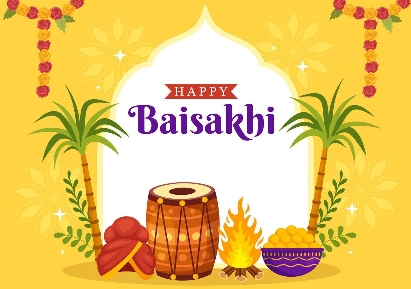 Lycklig Baisakhi illustration med vaisakhi punjabi vår skörda festival av sikh firande i platt tecknad serie hand dragen för landning sida mallar vektor