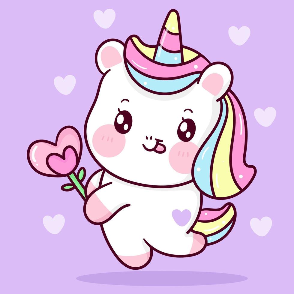 niedlicher Einhornvektor, der Herzblume hält. Pony Cartoon Kawaii Tier Hintergrund für Valentinstag Geschenk vektor
