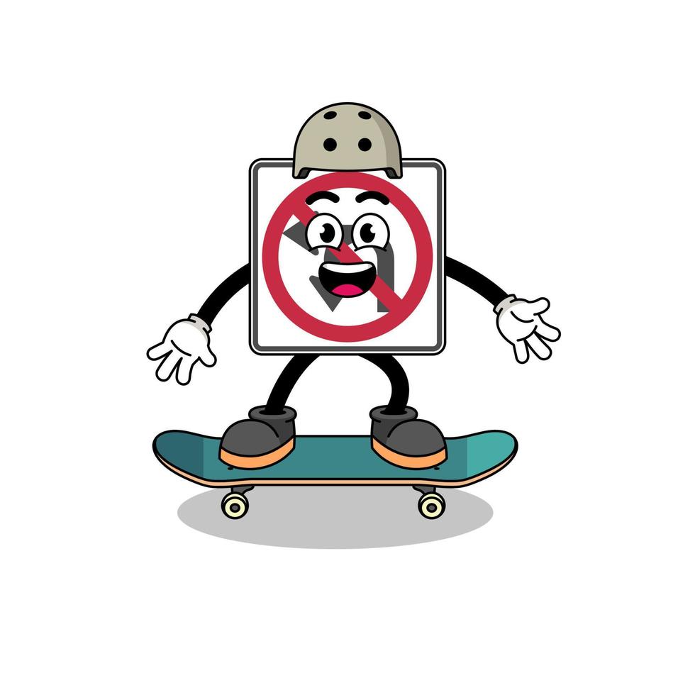 Nej vänster eller u sväng väg tecken maskot spelar en skateboard vektor