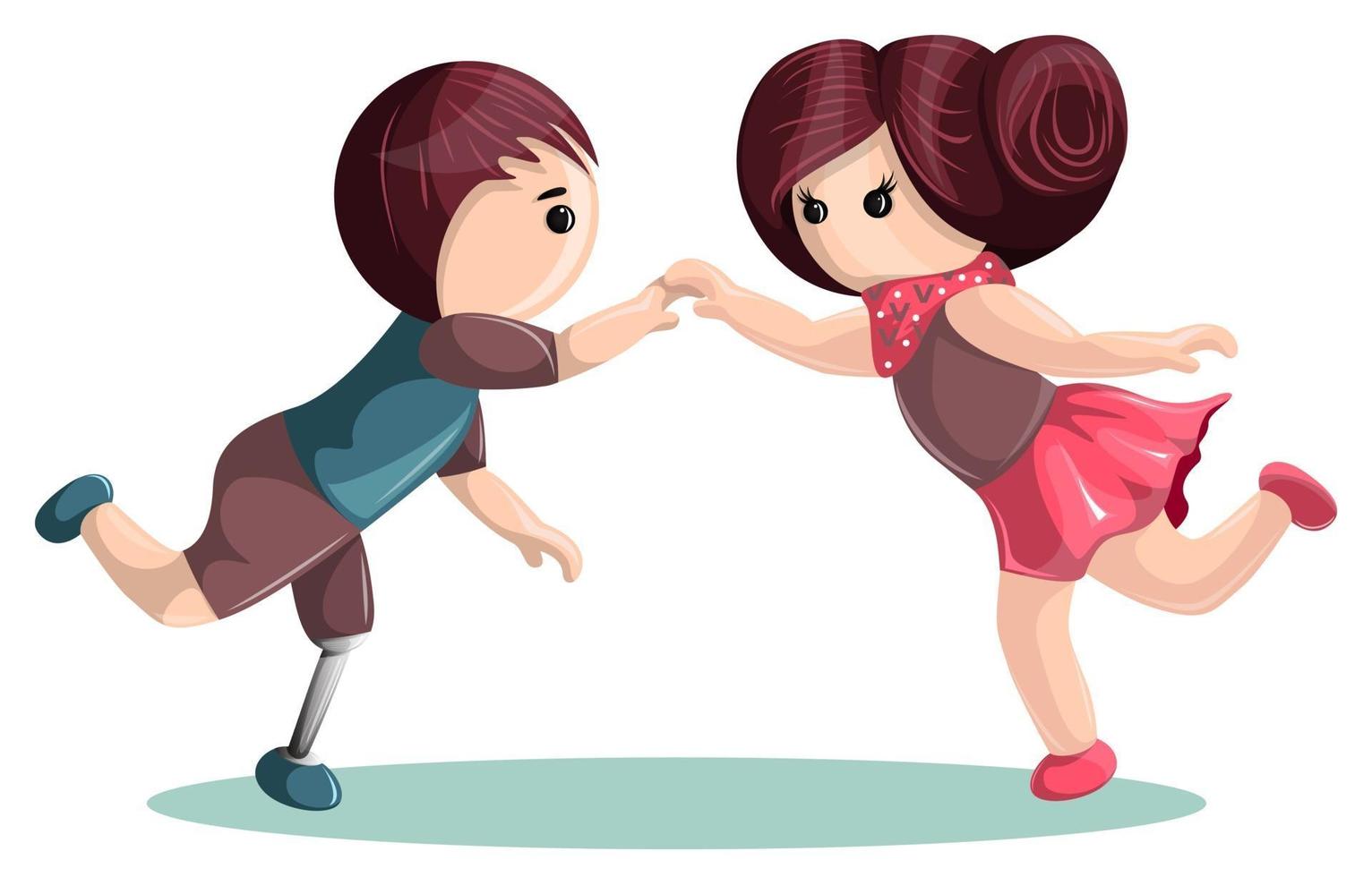 Vektorbild eines Mädchens, das mit einem Jungen tanzt, der überall prothetische Beine hat. Cartoon-Stil. vektor