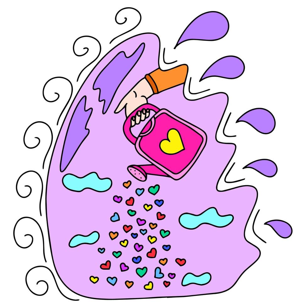 das Bewässerung können gießt mehrfarbig Herzen. ein Dusche von Liebe. Herzliche Glückwünsche auf Valentinstag Tag und März 8. diese ist ein Vektor Bild im das Stil von ein Comic Buch