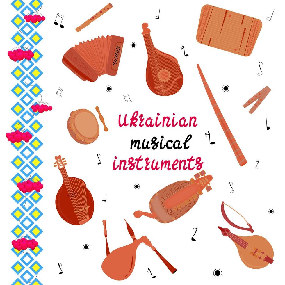 einstellen von Hand gezeichnet traditionell slawisch, ukrainisch Musical Instrumente. bandur, Tambourin, Akkordeon, Leier, Becken, ukrainisch Geige, sopilka. Vektor Illustration