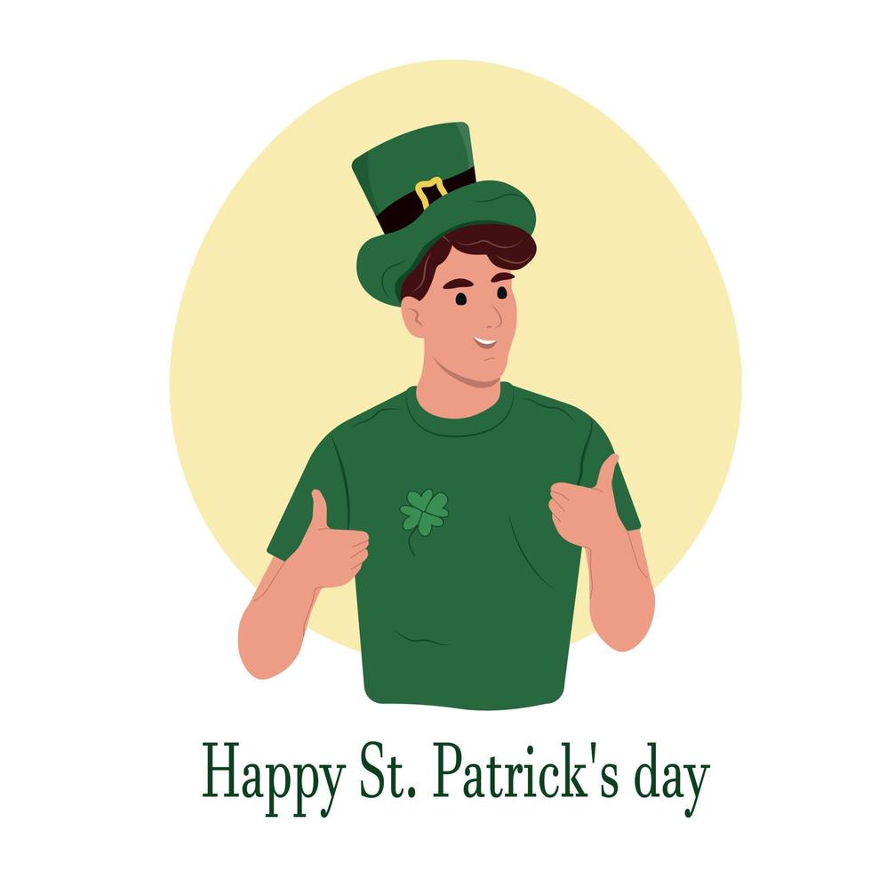 Lycklig st. Patricks dag. ung leende irländsk man fira och gestikulerande. vektor platt illustration isolerat på vit.