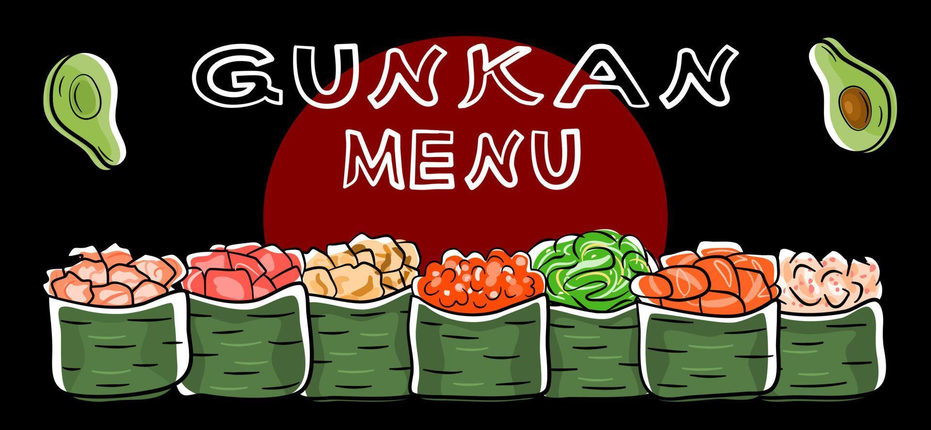 japansk sushi samling meny baner. gunkanmaki maki uppsättning på svart bakgrund. vektor