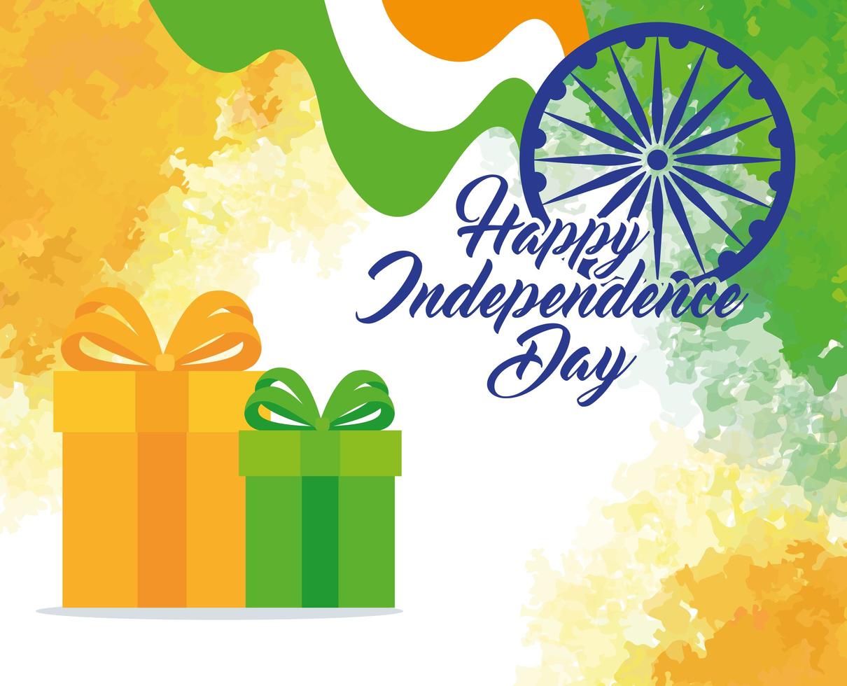 indisk lycklig självständighetsdag med ashoka hjul dekoration och presentaskar vektor