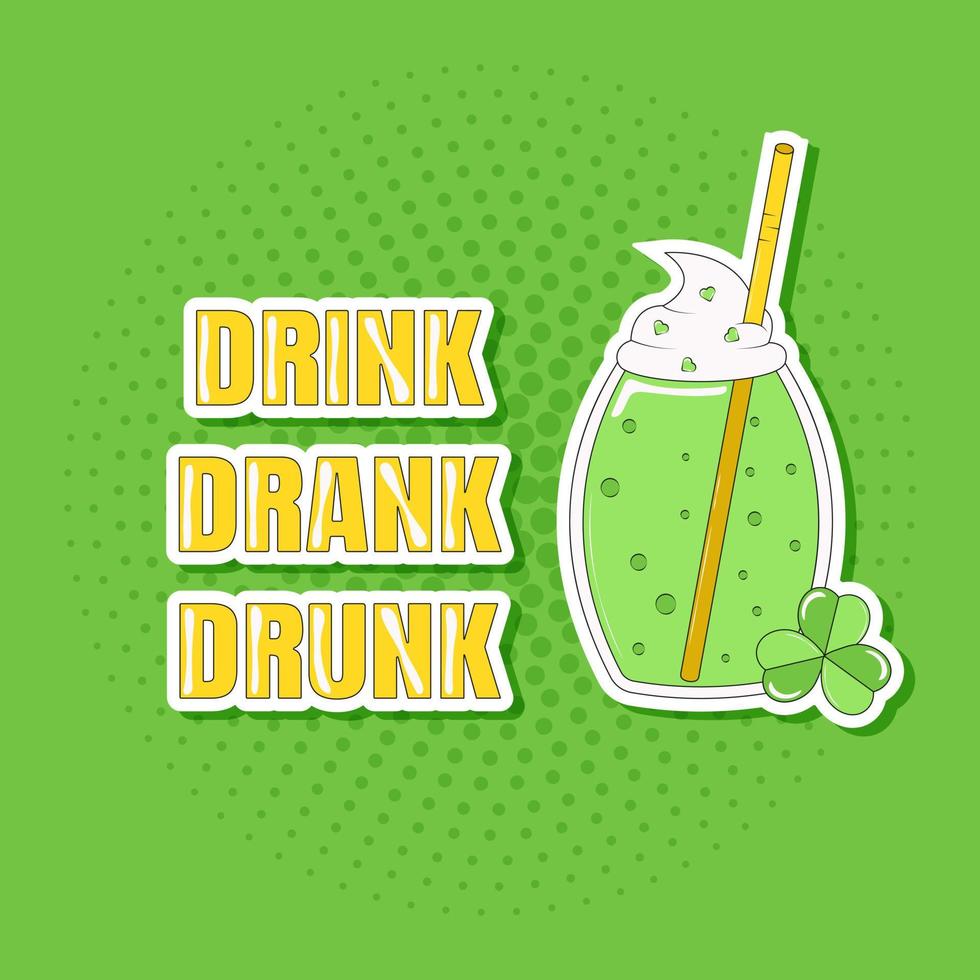 grön cocktail med en sugrör för st patricks dag kort text dryck drack full vektor