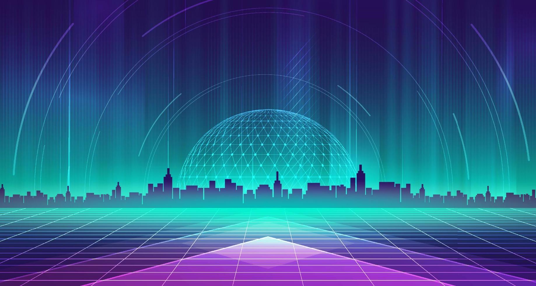 digital teknologi stad metavers neon blå grön bakgrund, abstrakt cyber kommunikation, innovation framtida cyberpunk metropol teknik, internet nätverk förbindelse, ai stor data, stad illustration 3d vektor