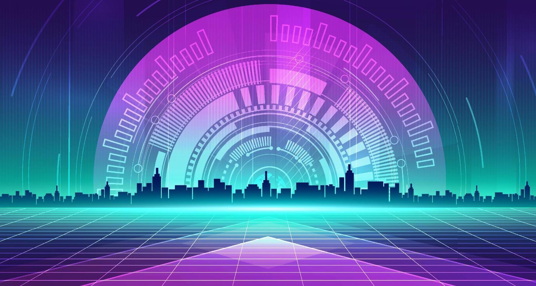 Digital Technologie Stadt Metaverse Neon- Blau Grün Hintergrund, abstrakt Cyber Kommunikation, Innovation Zukunft Cyberpunk Metropole Technik, Internet Netzwerk Verbindung, ai groß Daten, Stadt, Dorf Illustration 3d vektor