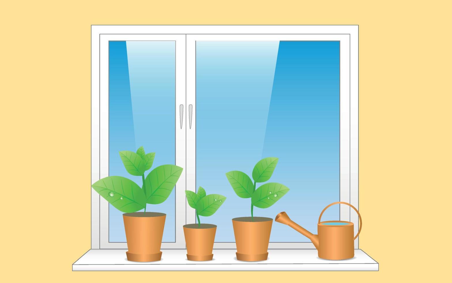 plantor i vår i kastruller stå på de fönsterbräda, vattning burk. ung växter på de fönster, himmel. modern platt vektor illustration utan raster effekter