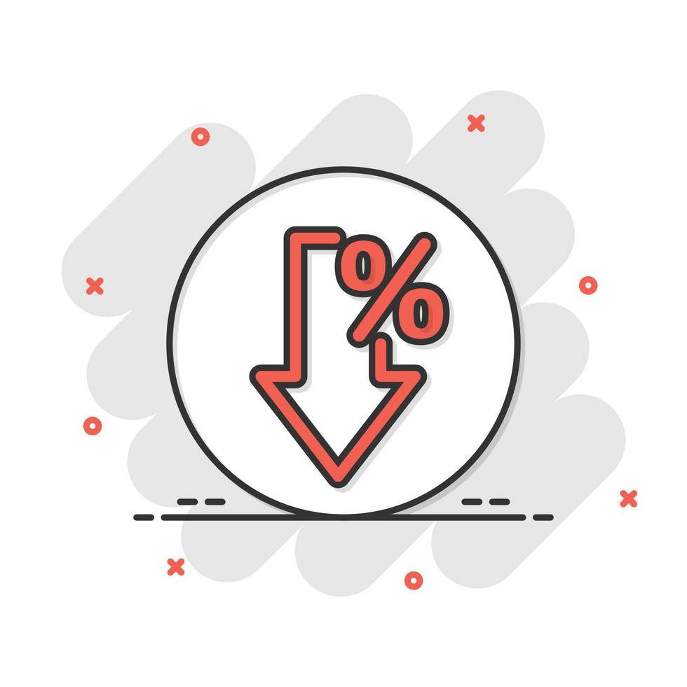 nedgång pil ikon i komisk stil. minska tecknad serie vektor illustration på vit isolerat bakgrund. inkomst modell stänk effekt företag begrepp.