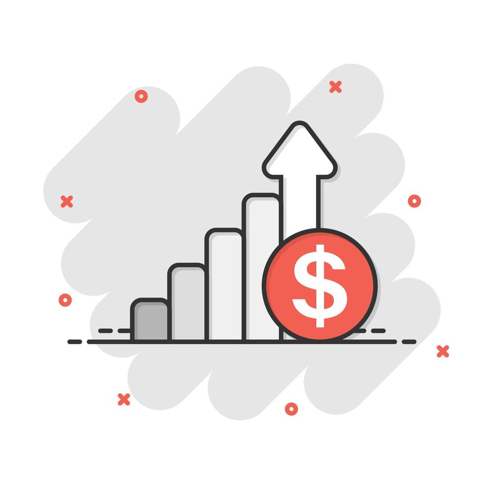 Wachstumspfeil-Symbol im Comic-Stil. Einnahmen Cartoon-Vektor-Illustration auf weißem Hintergrund isoliert. Splash-Effekt-Geschäftskonzept erhöhen. vektor