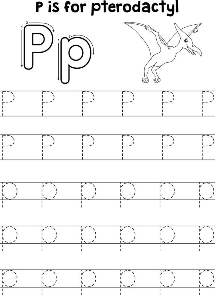 pterodactyl dinosaurie spårande brev ABC färg p vektor