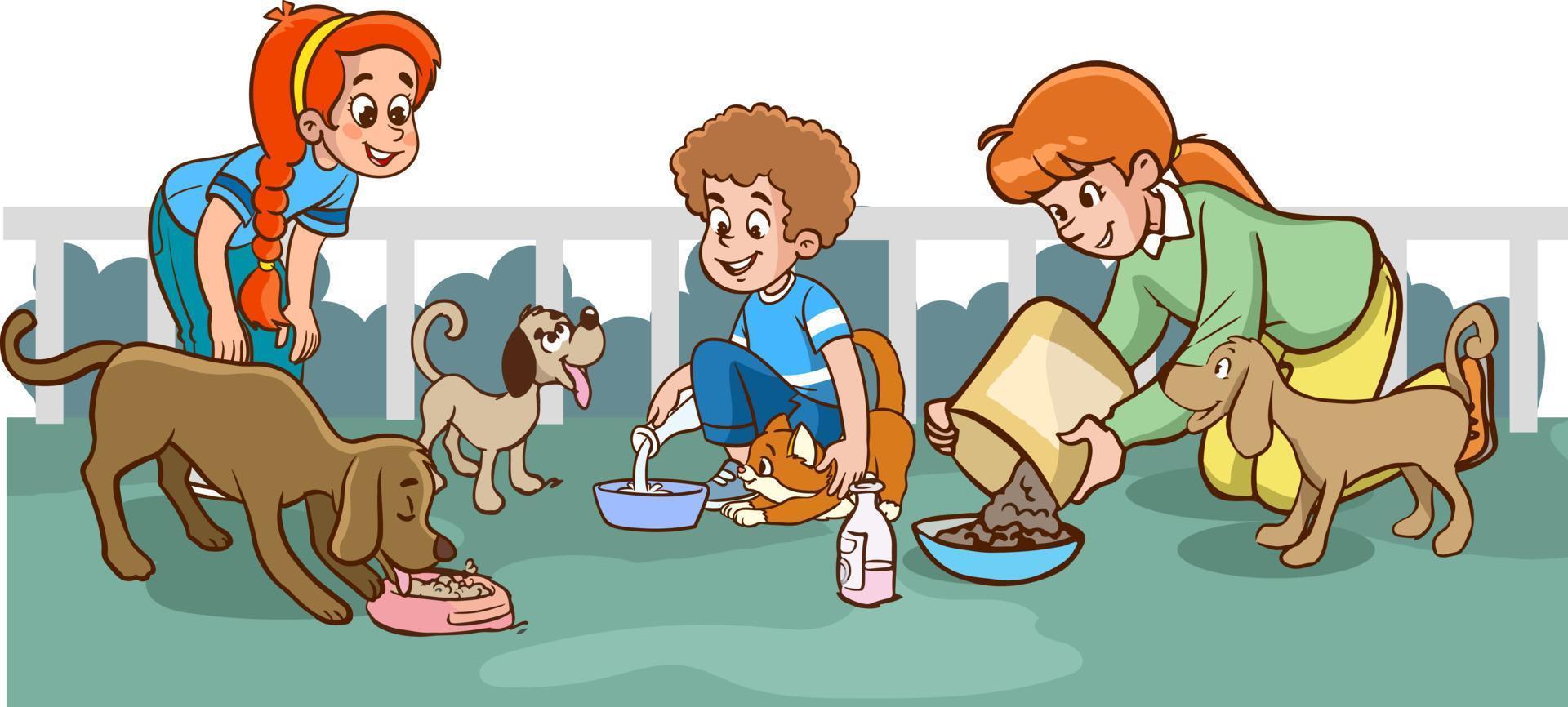 Mutter und Kinder Fütterung streunend Tiere Karikatur Vektor