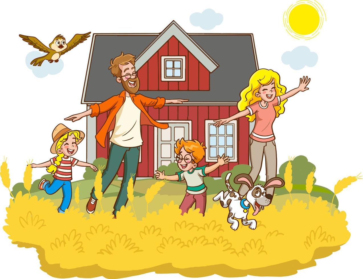 glücklich Familie Mutter, Vater, Kind Sohn und Tochter im Natur Karikatur Vektor
