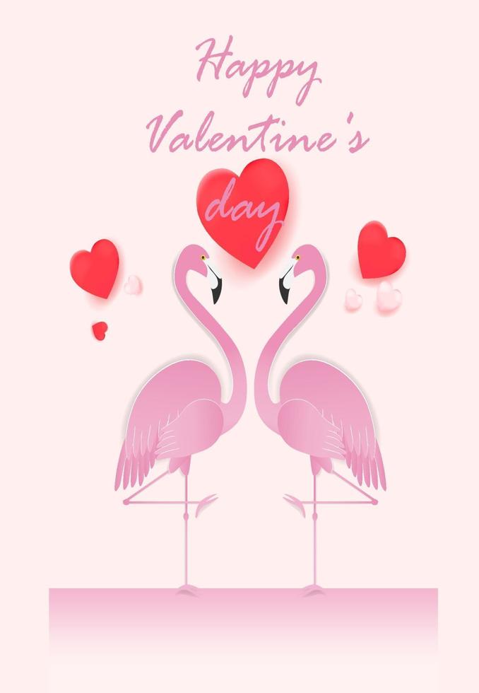 glad Alla hjärtans dagskort med flamingo par i kärlek. papper konst stil. vektor